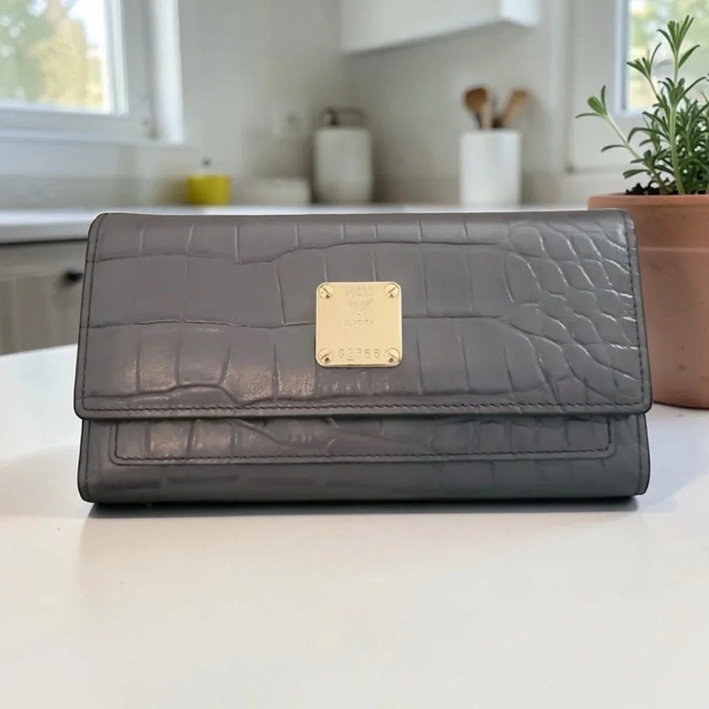 MCM Gray Crocodile Embossed Wallet